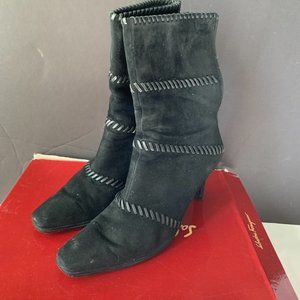 SALVATORE FERRAGAMO SILK BLACK SUEDE CALF SOCK ZIP UP BOOTS SIZE 6.5 WITH BOX